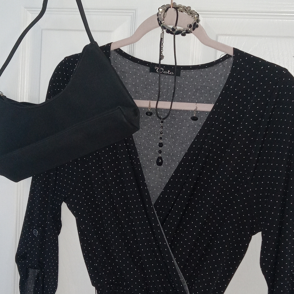 Large Black With Polka Dot Stretch Dress With Purse Necklas Earrings And Bracele